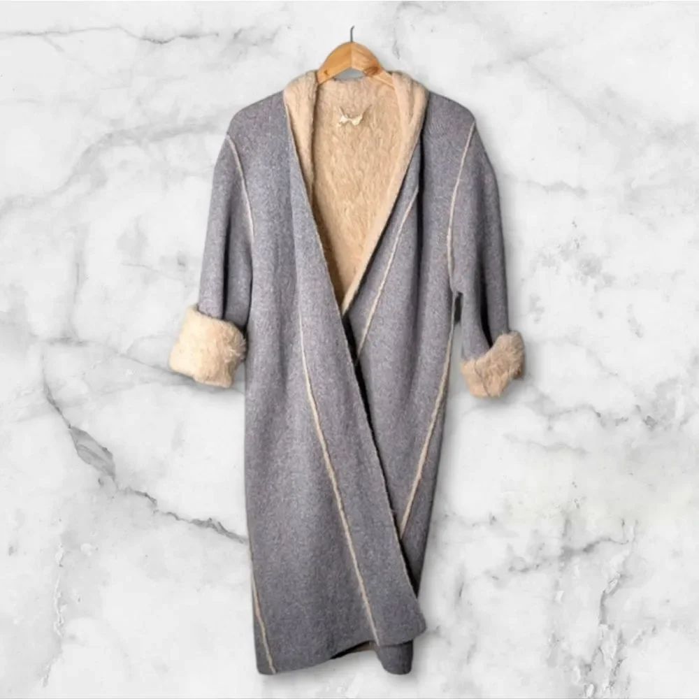 MOTH Anthro Blue Grey Cream Faux Fur Lined Long Sleeve Cardigan M L